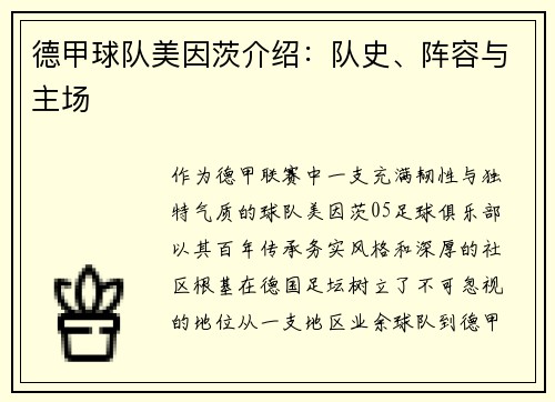 德甲球队美因茨介绍：队史、阵容与主场
