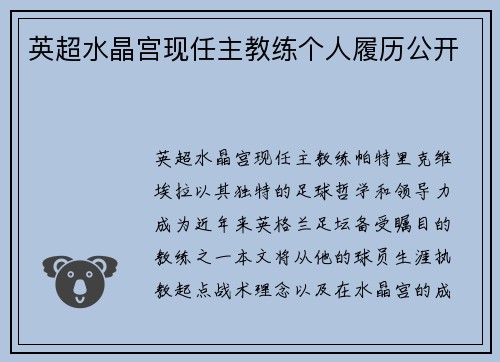 英超水晶宫现任主教练个人履历公开