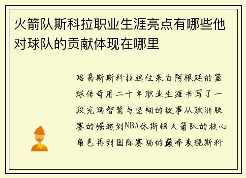 火箭队斯科拉职业生涯亮点有哪些他对球队的贡献体现在哪里
